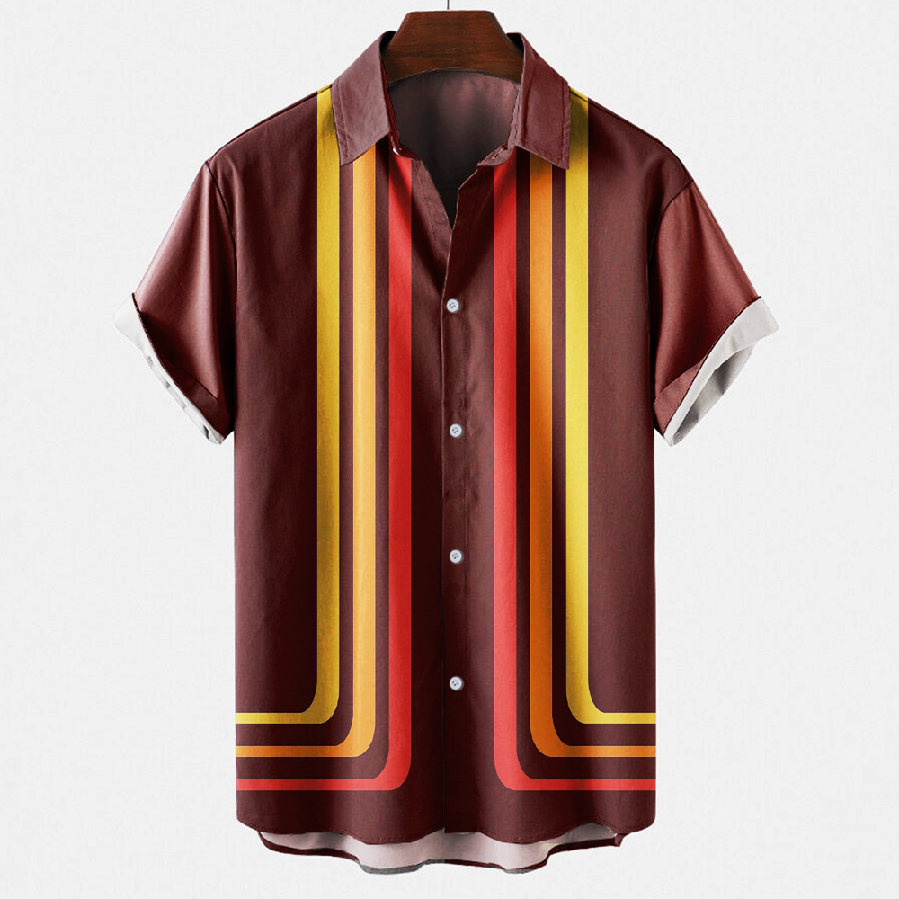 قميص بولينج رجالي كلاسيكي مخطط - مراجعة Short Sleeve Bowling Shirt Retro وسعره
