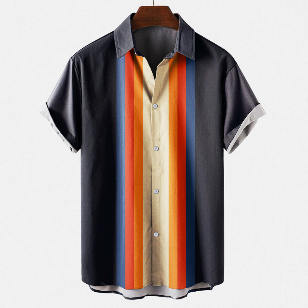 قميص بولينج رجالي كلاسيكي مخطط - مراجعة Short Sleeve Bowling Shirt Retro وسعره